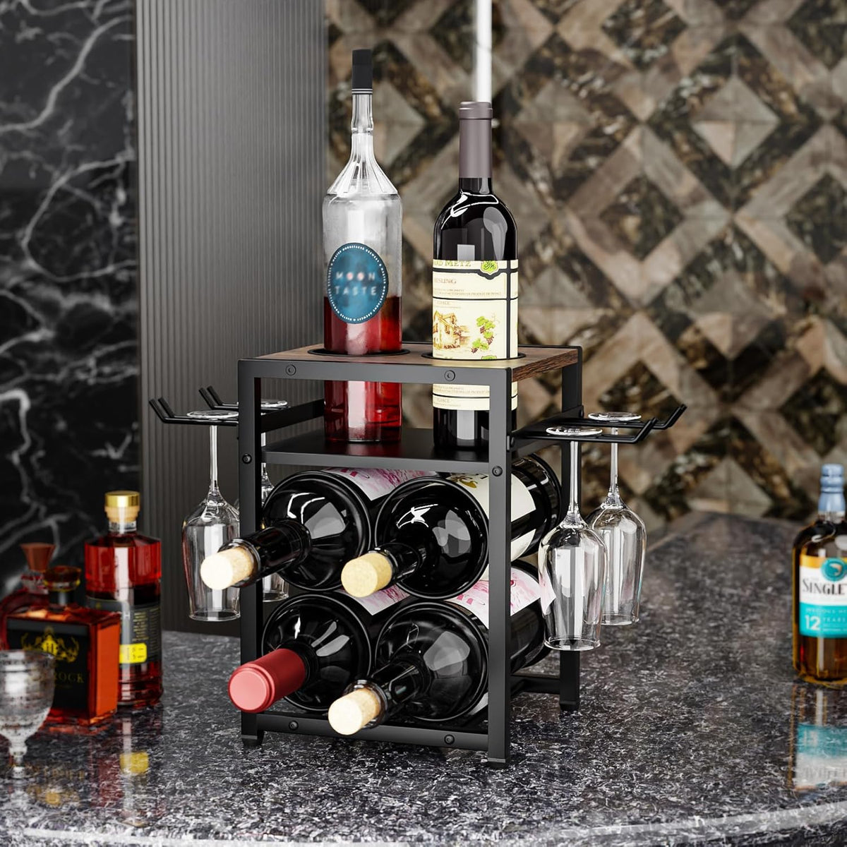 KLM Wine Rack Countertop, 6 Bottle 4 Glass Holder, Modern Wood Storage Stand with Tray, Black
