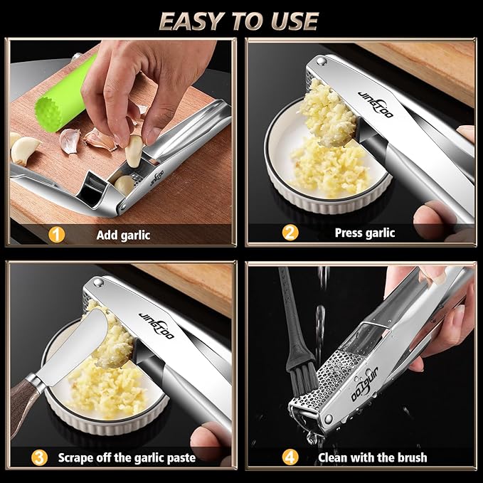 Garlic Press Stainless Steel, Premium Garlic Mincer - 5 Years Warranty - No Need to Peel Garlic Crusher, Ginger Masher & Presser Large Trough Ergonomic Handle, Easy Squeeze,Dishwasher Safe