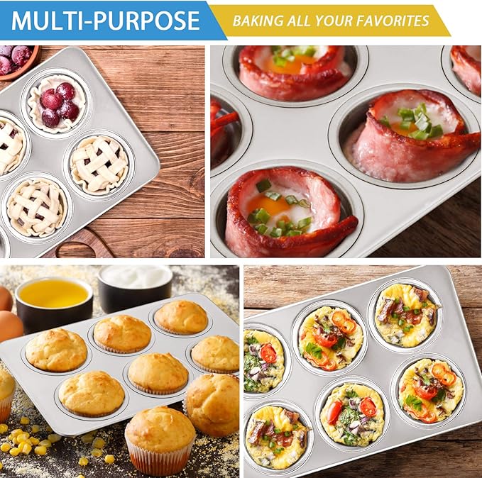 E-far Muffin Pan Set of 2, Stainless Steel Muffin Pan Tin for Baking, 6-Cup Metal Cupcake Pan Tray, Non-toxic & Healthy, Oven & Dishwasher Safe, Regular Size - 11.44 x 7.12 x 1.25 Inch