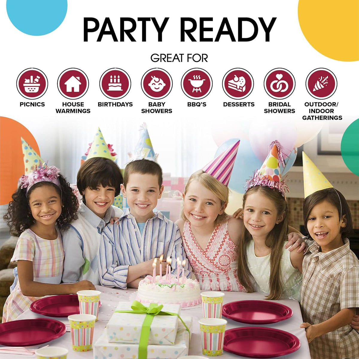 Exquisite Party Solids Burgundy Plastic Plates For Party 7" Burgundy Disposable Plates Heavy Duty Supplies 100 Pcs Plastic Dinnerware Sets Heavy Duty 350 GSM Disposable Dinnerware Set