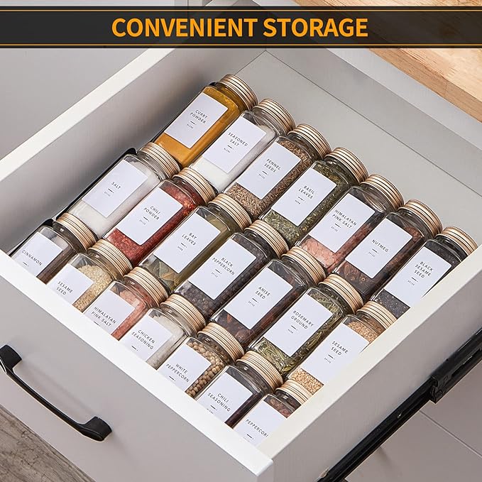 25 Pcs Spice Jars with Label- Glass Spice Jars with Gold Metal Caps,Shaker Lids, Funnel, Chalk Pen, Skiileor 4oz Seasoning Containers Bottles for Spice Rack, Cabinet, Drawer