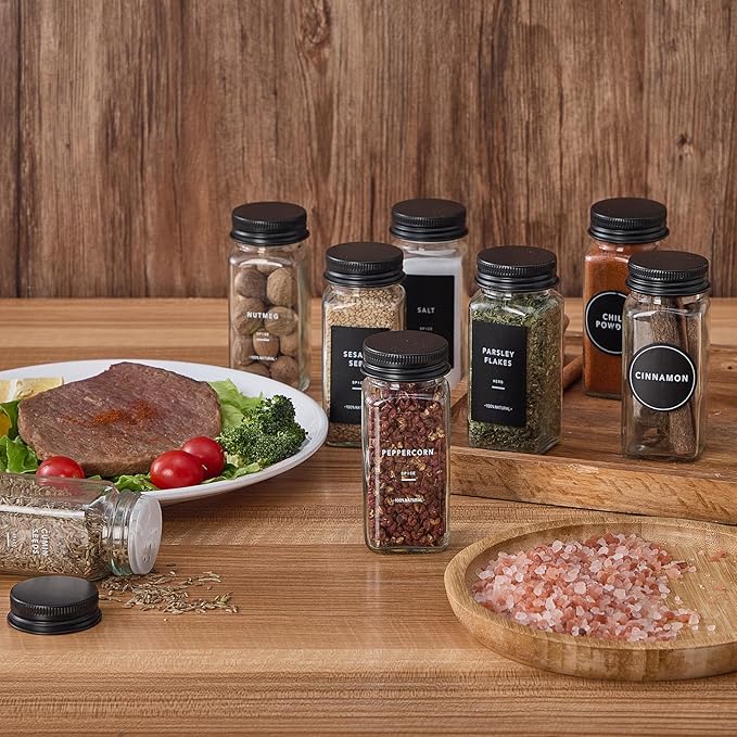 24 Glass Spice Jars with 576 Labels-Spice Jars with Black Metal Caps, 4oz Empty Square Spice Containers with Shaker Lids, Funnel, Pen, Seasoning Bottles for Spice Rack, Drawer, Cabinet