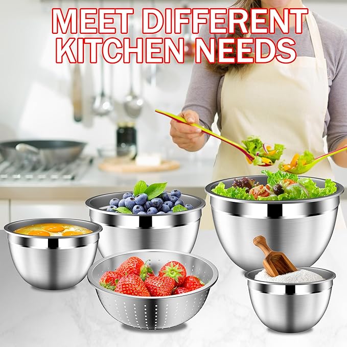 DUTZUN Mixing Bowls with Strainer, Mixing Bowl with Lids Set, Stainless Steel Mixing Bowls, Kitchen Gadgets Salad Bowls with Strainer for Mixing & Preping & Serving, Multicolor