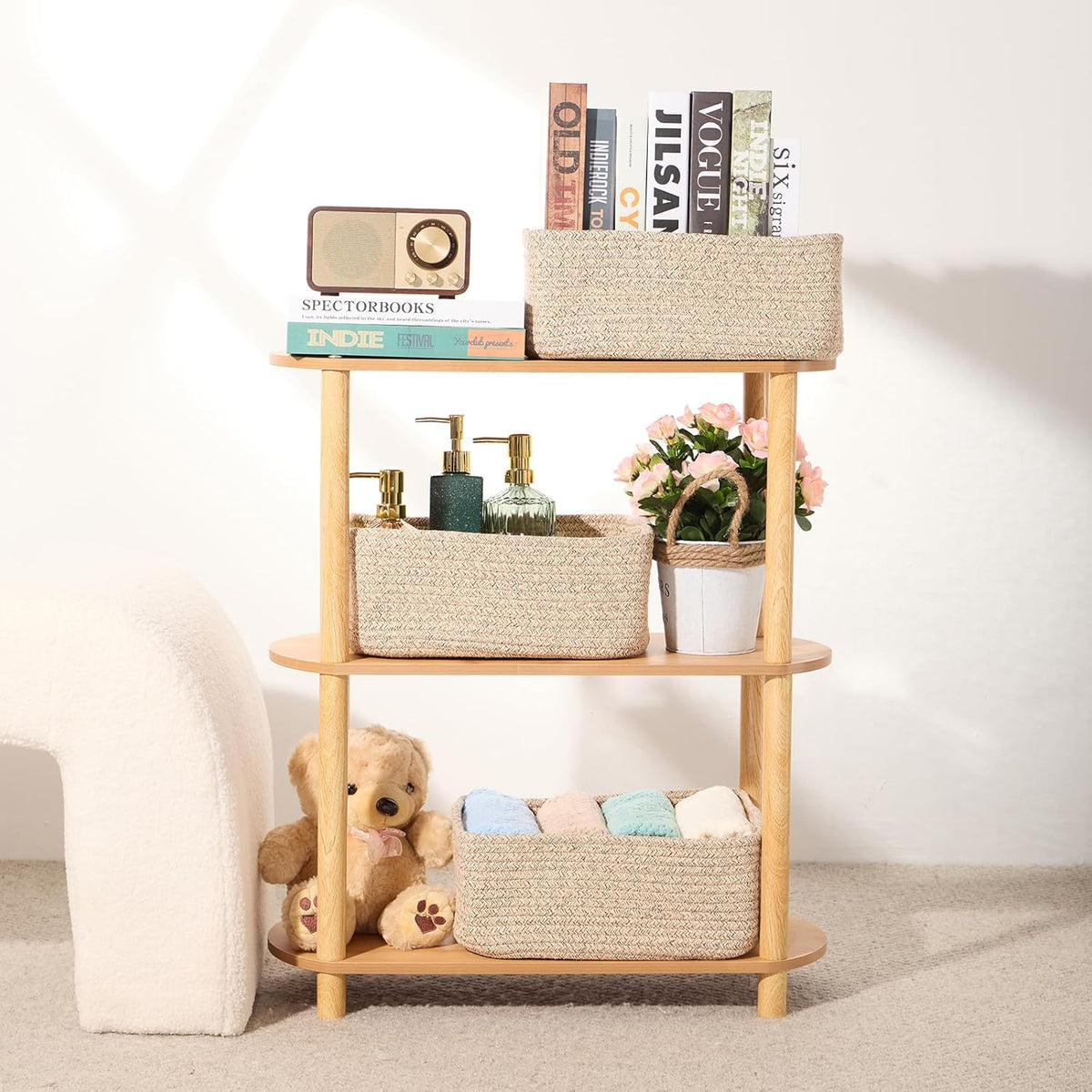 Small Storage Baskets for Organizing | Closet Organizer Bins | Shelf Toy Basket | Woven Rope Baskets | Cube Decorative Box | Shallow Basket | 13x8.5x5.1” | 4 Packs Mixed Brown