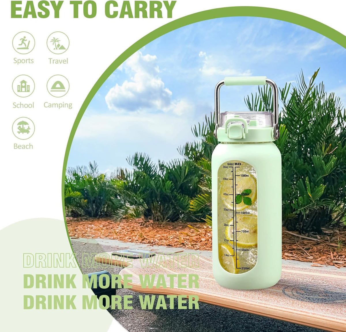 kytffu 64 oz Glass Water Bottle with Straw and Stainless Steel Handle, Half Gallon Water Bottle with Silicone Sleeve and Time Marker, 2L Large Glass Bottle for Gym, School, Travel, Leak-proof (Green)