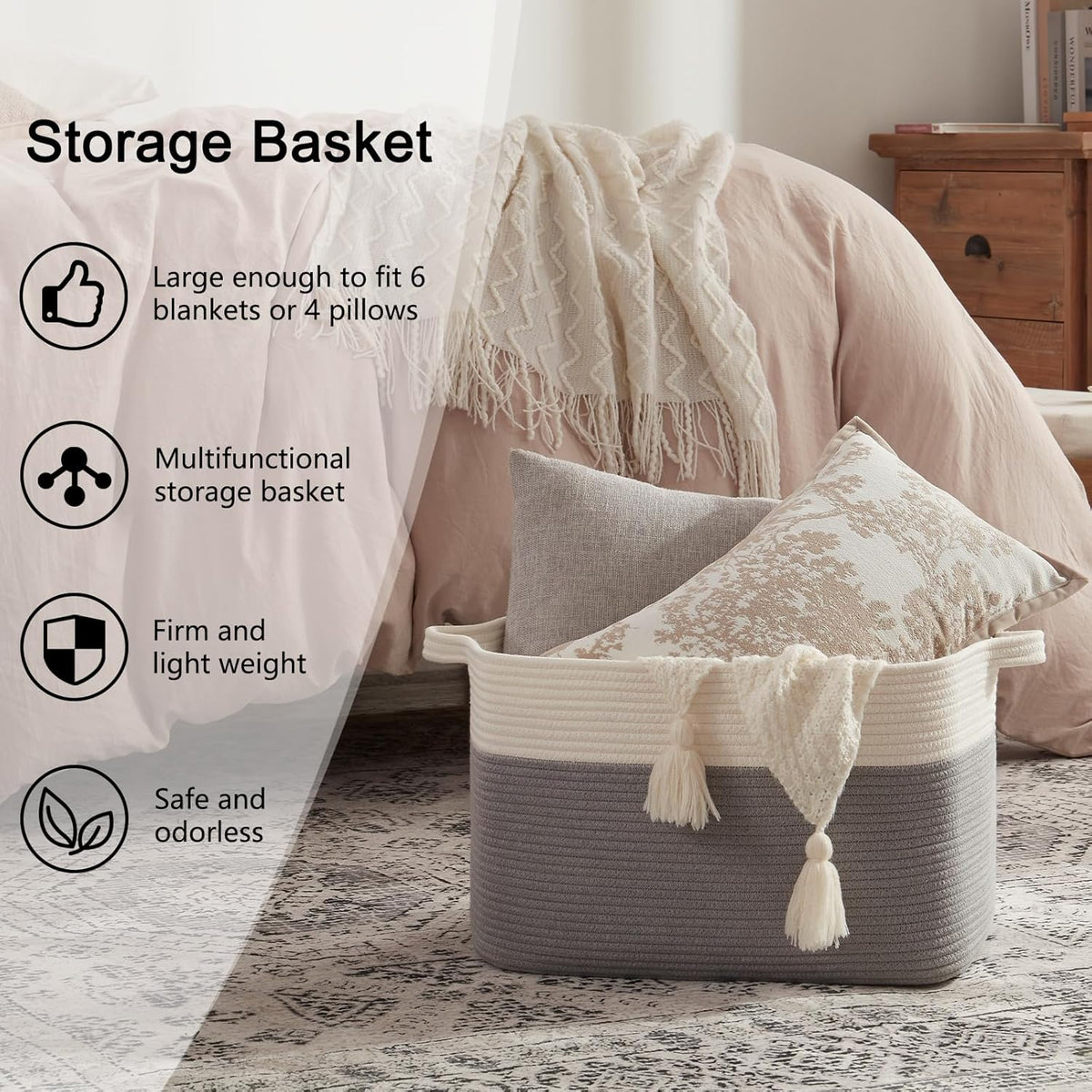 OIAHOMY 65L Blanket Basket, Cotton Rope Woven Blanket storage for Living Room, Rectangle Woven Baskets for Storage, 20''×16''×12'', Grey and White