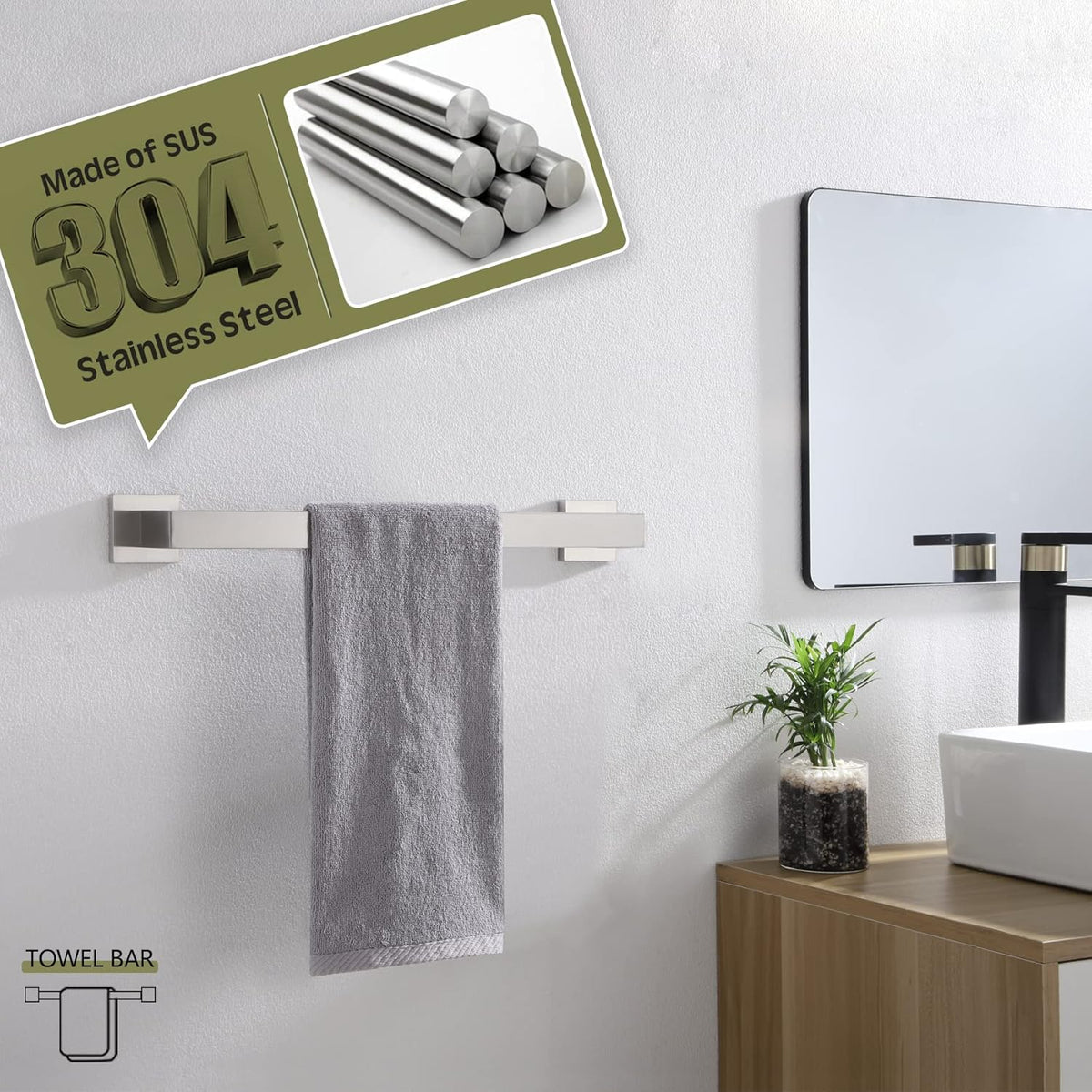 KOKOSIRI 16-Inch Single Towel Bar, Bathroom Kitchen Towel Holder, Wall Mounted SUS304 Stainless Steel Towel Rack, Brushed Nickel, B4003BR-L16