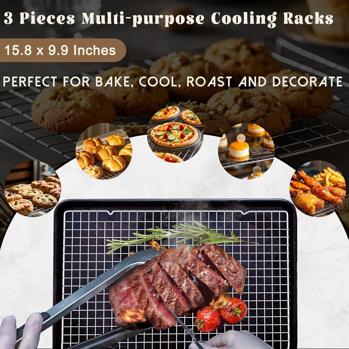 Cooling Racks for Cooking and Baking - 3PCS 16" x 10" Premium Stainless Steel Wire Cookie Cooling Rack for Baking, Roasting, and More - Oven & Dishwasher Safe - Fits Jelly Roll Pan