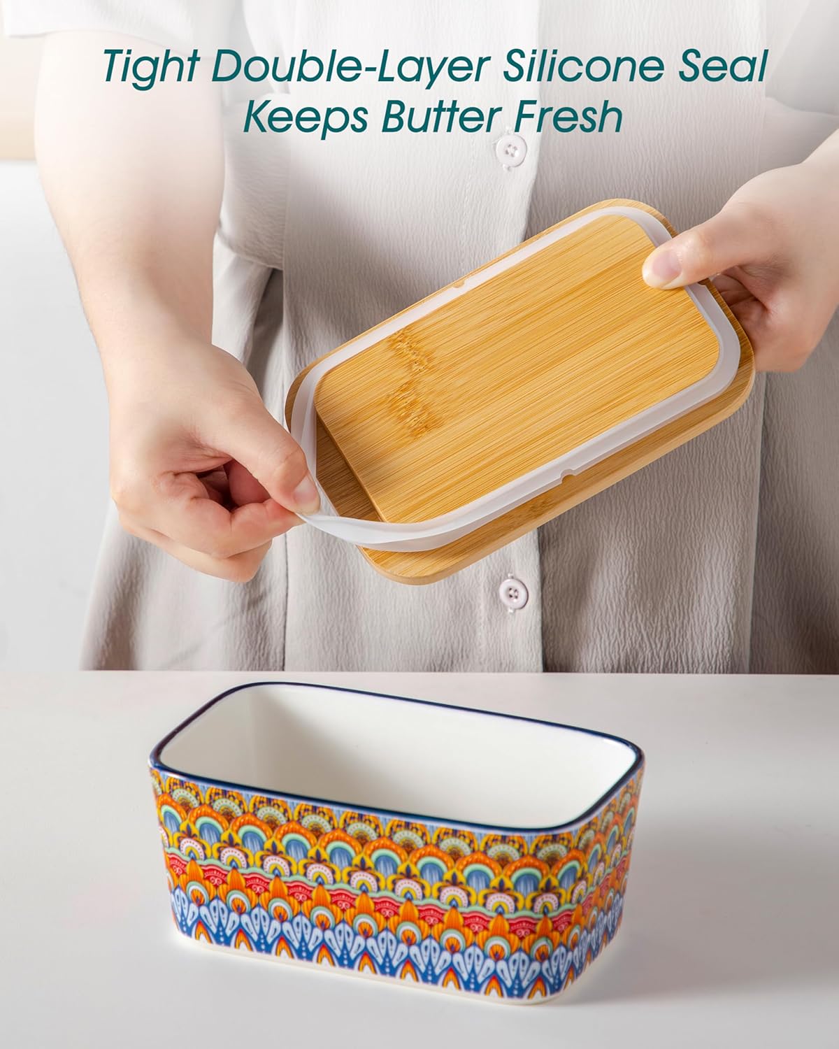 vancasso SIMI Butter Dish with Lid, 6.5" Large Butter Dish for Countertop, Bohemian Ceramic Butter Keeper Container with Knife and Bamboo Lid, Butter Holder for Counter, Regal Bloom
