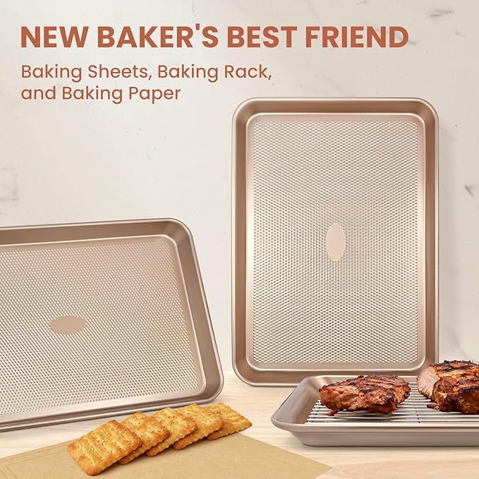 Baking Sheet with Wire Rack Set, 2 Sheet Pans(17.5'' X 11.8'') with 2 Cooling Racks, Includes 50 Sheets of Parchment Paper, Thickened Nonstick Cookie Sheet for Baking, Carbon Steel Baking Pan