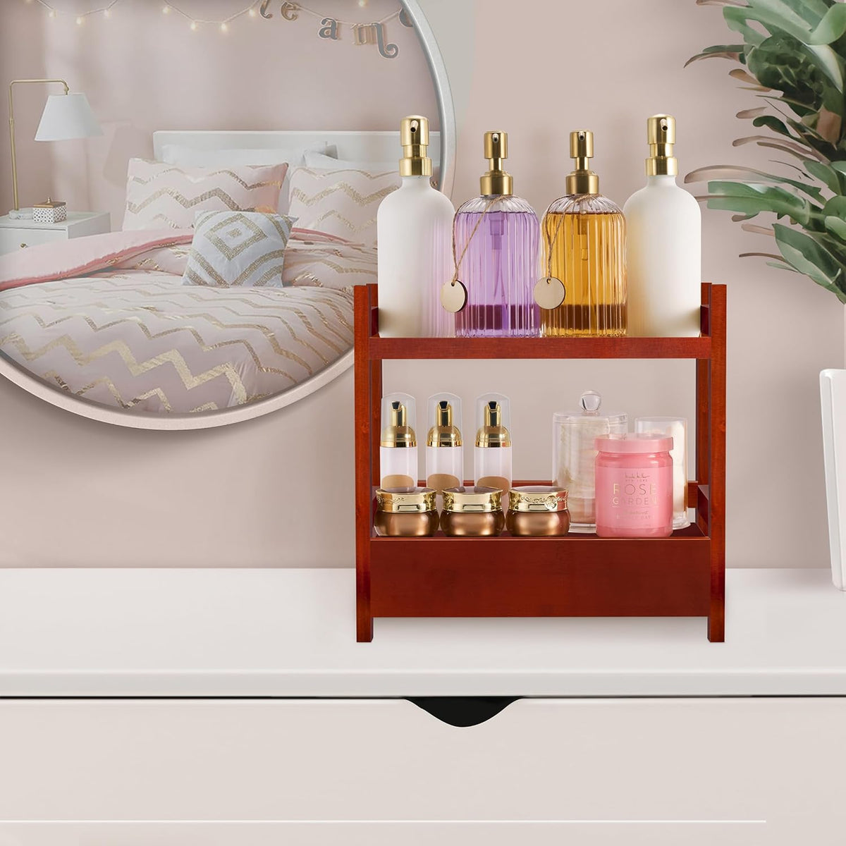Sorbus Bamboo Bathroom Counter Organizer – 2-Tier Shelf with Hidden Drawer for Vanity, Matcha Station, Bathroom Sink Organizer Countertop, Kitchen & Office Storage (13″ L x 6.5″ W x 12.6″ H) (Brown)