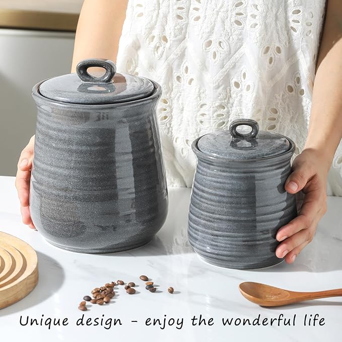 HASENSE Large Ceramic Coffee Canister with Airtight Lid, 80 FL OZ Grey Porcelain Food Storage Container, Farmhouse Kitchen Countertop Jar for Coffee Beans, Flour, Sugar, Cereal & Cookies