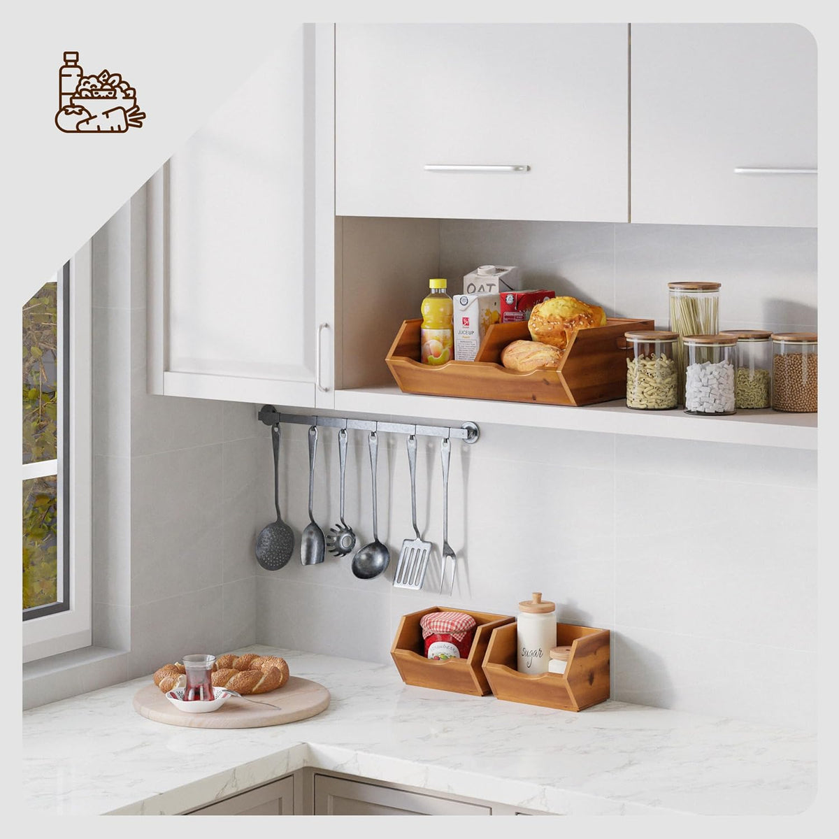 HOLANA Onion and Potato Storage Bins - Acacia Wood Pantry Baskets Organization and Storage - Wooden Stackable Baskets for Bread, Fruit, Vegetable - Onion Basket for Kitchen Counter (Patent Pending)