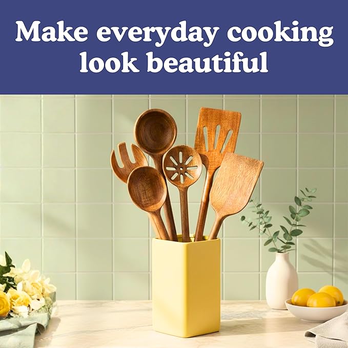 Non-Toxic Cooking Utensils โ 6-Piece Kitchen Utensils Set, Glue-Free & One-Piece Wooden Spoons for Cooking, Natural Wooden Utensil Set with Plant-Based Finish, Free of Forever Chemicals