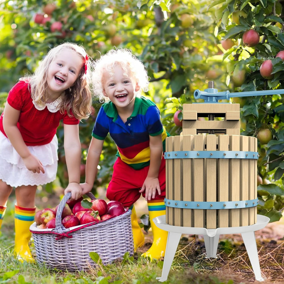 SQUEEZE master Fruit Apple Cider Wine Press-Blue-3.17 Gallon/12L-Solid Wood Basket-Vintage traditional juicer-Pole Handle Bar for Juice,Wine-1 free filter bag included