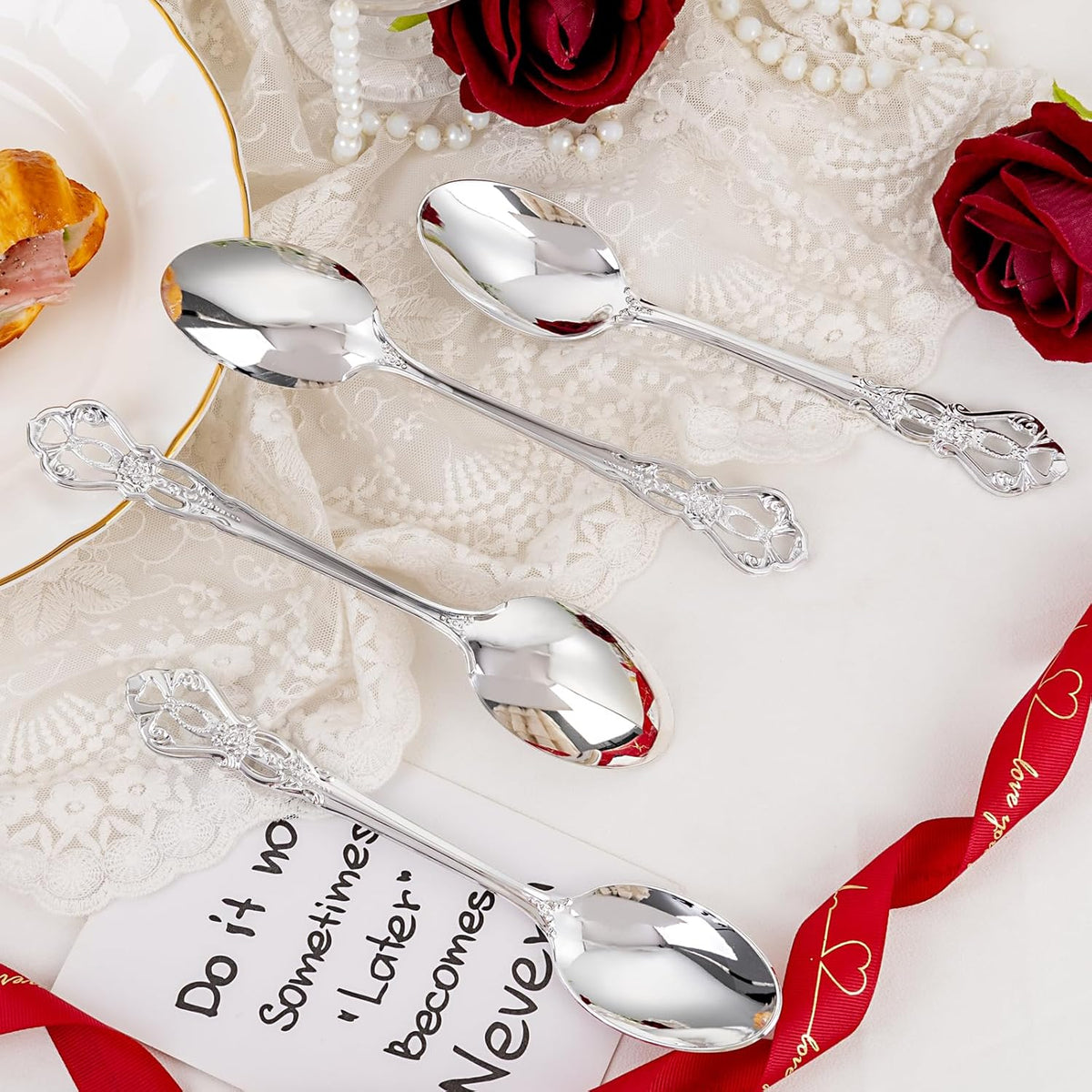 30PCS Silver Plastic Spoons - Silver Spoons Disposable - 8.1 Inch Heavy Duty Plastic Silverware - Heavyweight Elegant Disposable Utensils for Catering, Parties, Dinners, Weddings