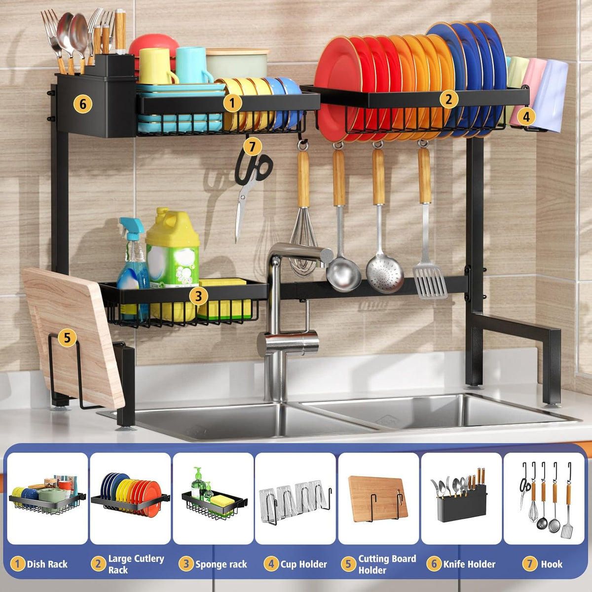 SNSLXH 2-Tier Over The Sink Dish Drying Rack, Kitchen Large Dish Drying Rack Over The Sink, Suitable for Most Sinks, Effective Dish Drying, Kitchen Drying Rack(24.8"-35.4")