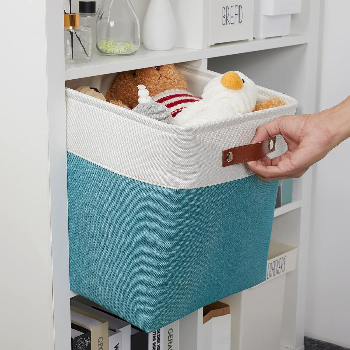 DULLEMELO Storage Bins for Organizing,Closet Storage Baskets for Gift Empty,Large Linen Canvas Storage Bins with Handles for Home Office Toys Shelves(White&Teal, 13 inch Cube)