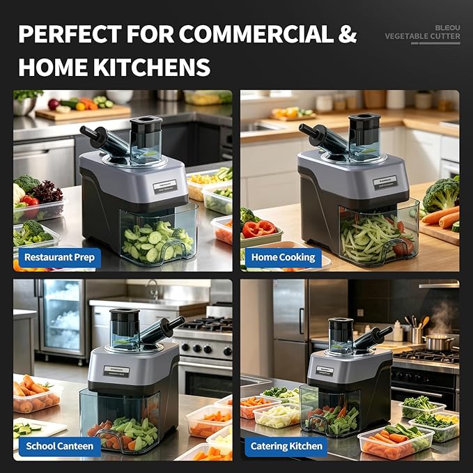 BLEOU 5-in-1 Electric Vegetable Chopper, 330LBS/H Commercial Food Processor Veggie Dicer Slicer with Magnetic Safety Lid, Non-Slip Base & Stainless Steel Blades for Restaurant Home Kitchen