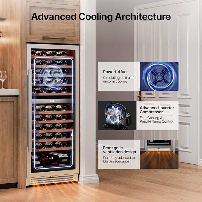 Ca'Lefort 90 Bottle Wine Fridge - 24 Inch Dual Zone Wine Cooler 40-65°F with Bottom Drawer, 10 Adjustable Shelves & 3 LED Lights, Energy Star Certified Built-in or Freestanding for Home/Bar/Kitchen