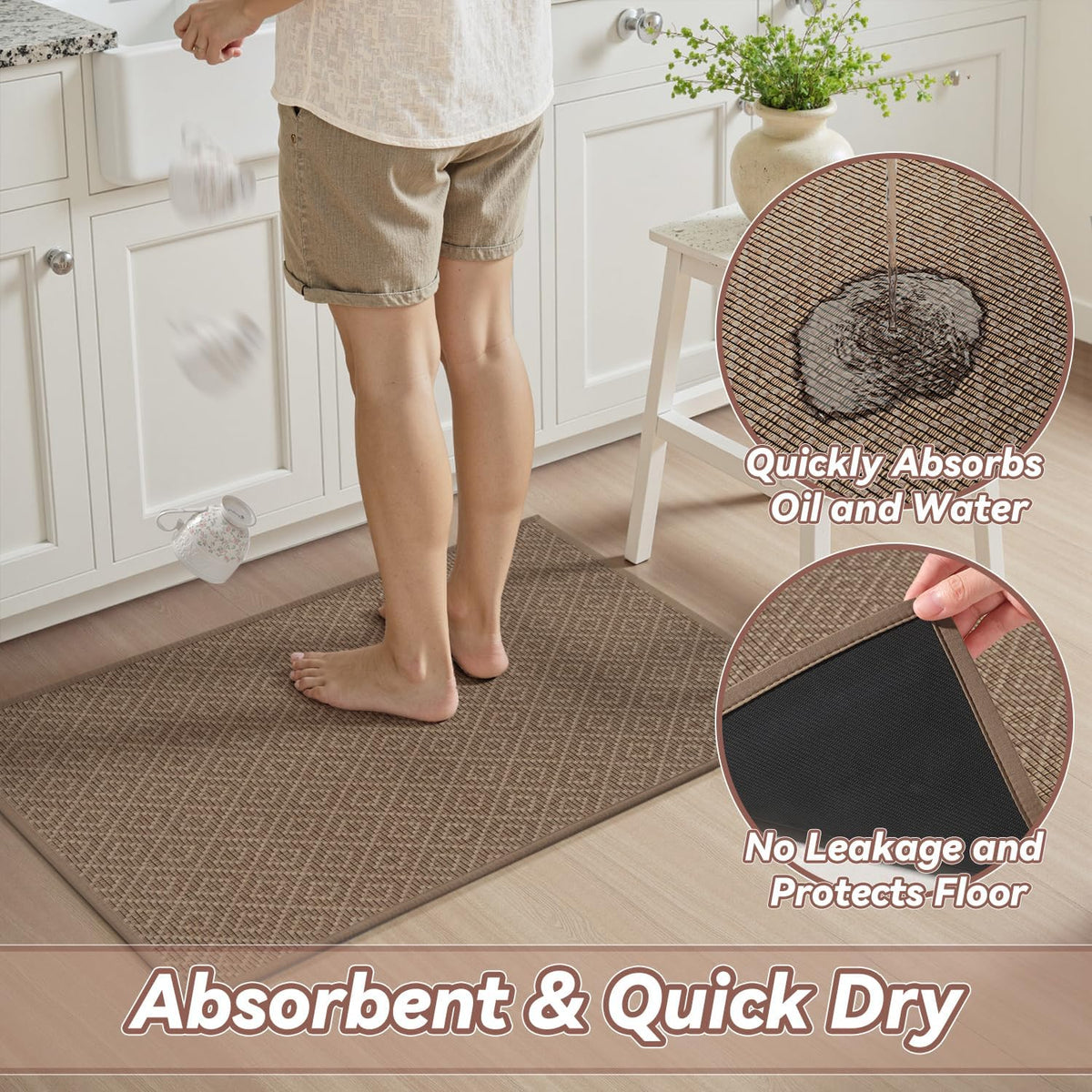 PADOOR Kitchen Runner, Rubber Backed Kitchen Runner Rugs Non Skid Washable, Super Absorbent Kitchen Mats for Floor Front of Sink, 20"x47" Brown