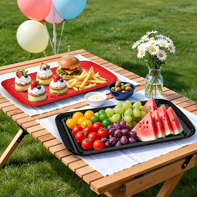Serving Trays for Party - Set of 2, Large Serving Platters for Raw and Cooked Food, Dishwasher Safe, 17×10.5-inch Stackable Plastic Party Supplies for Grilling, BBQ, Meal Prep (Red, Black)