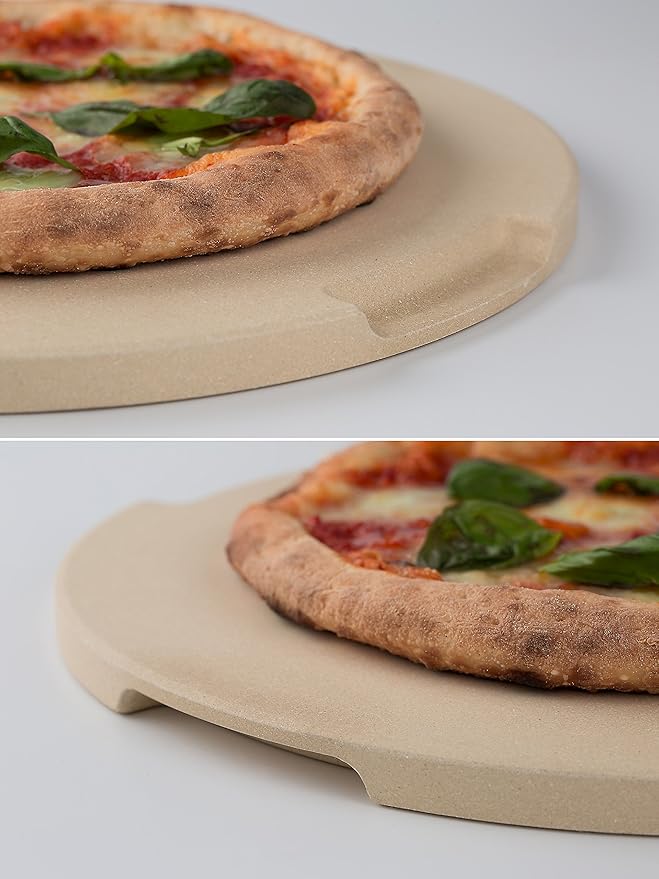 Pizza Stone 12.6in Round Baking & Grilling Stone, Perfect for Oven, BBQ and Grill. Innovative Double - faced Built - in 4 Handles Design