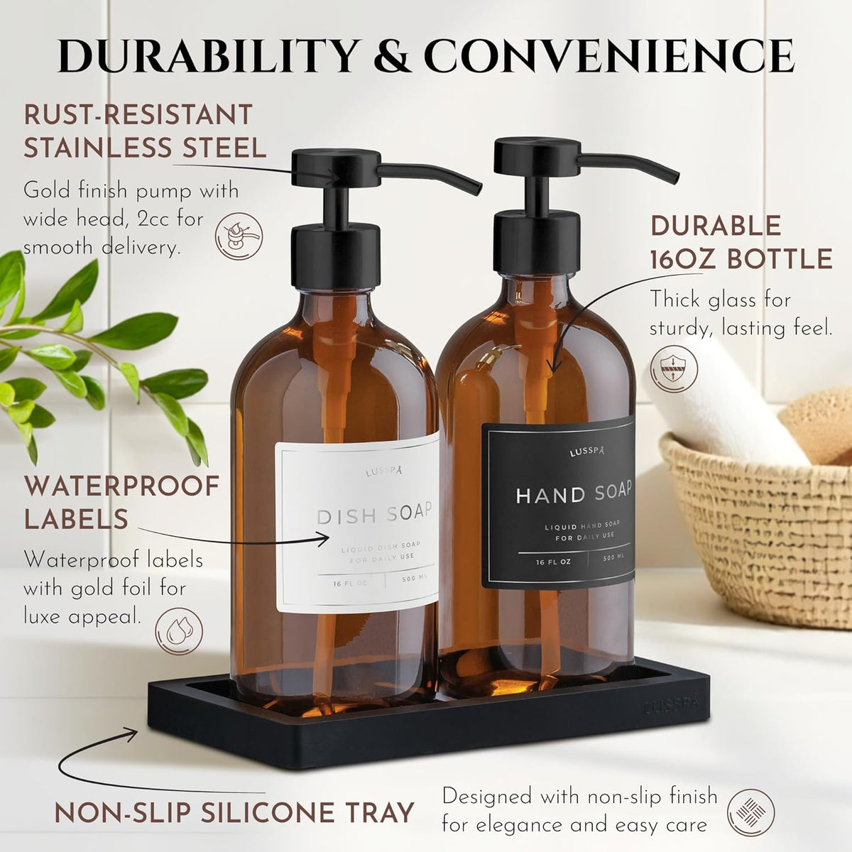Lotion, Hand & Dish Soap Dispenser for Kitchen Sink - Bathroom Soap Dispenser Set of 2 16.8 Oz Glass Bottles with Stainless Steel Pump, 15 Water Proof Labels & Silicon Tray (Amber/Black)