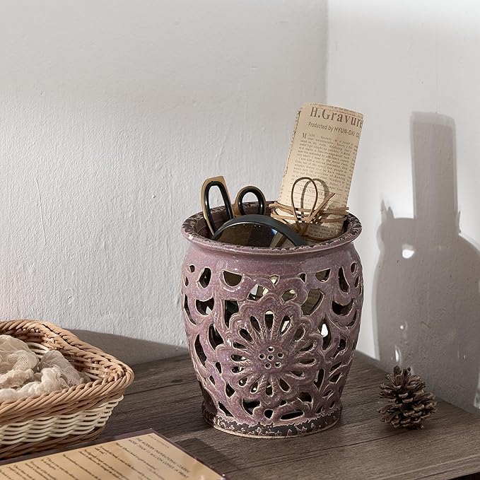 Farmhouse Kitchen Utensil Holder for Kitchen Counter, Ceramic Large Cooking Utensil Crock with Cork Mat, Decorative Rustic Utensil Organizer for Countertop, Spatula, Antique Purple