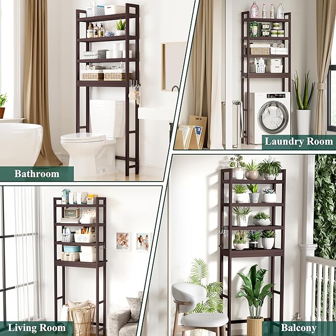 Smiry Over The Toilet Storage Cabinet, 4-Tier Bamboo Bathroom Organizers with Adjustable Shelf & 4 Hooks, Space Saving Shelf Rack for Bathrooms, Laundry Room, Balcony, Brown