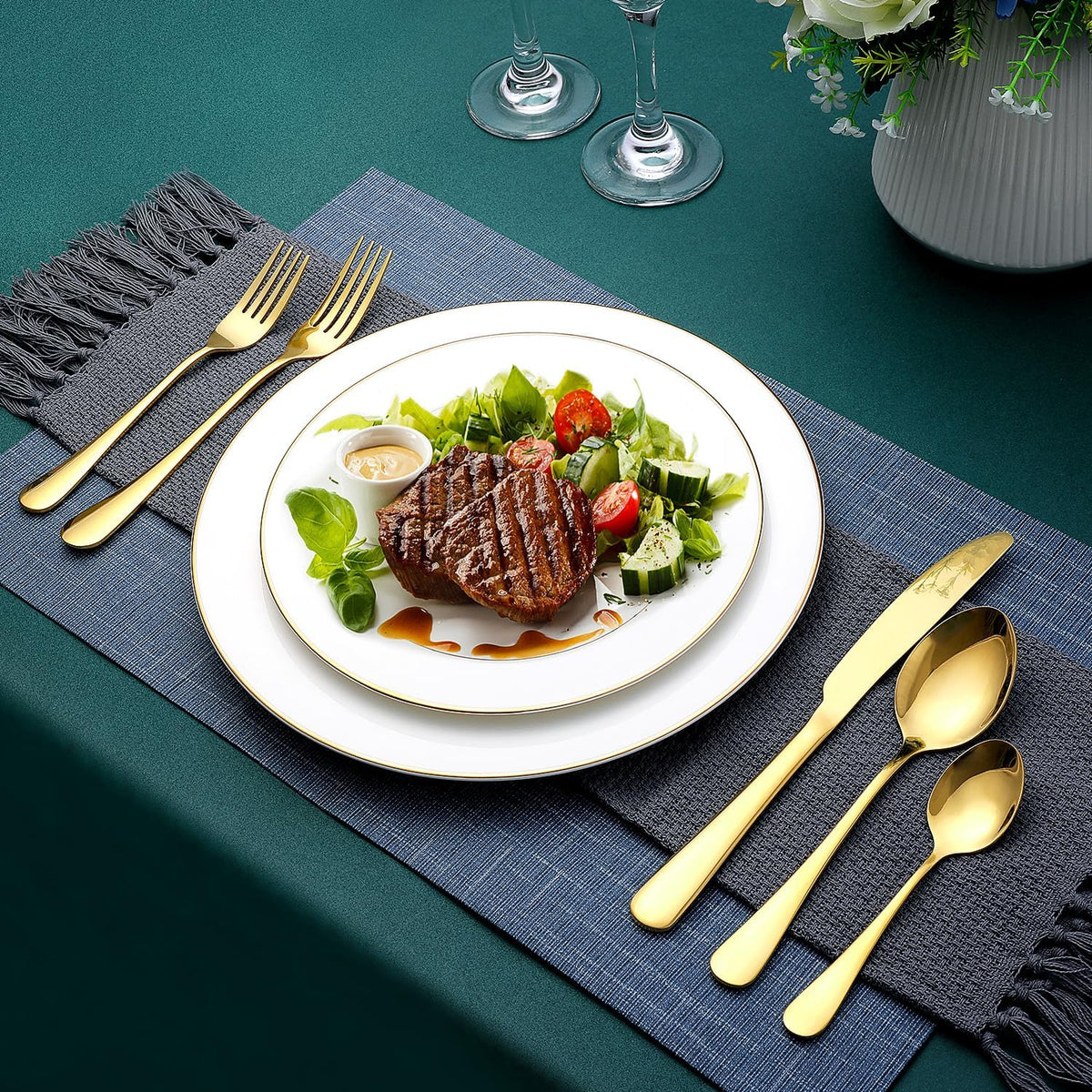 Gold Silverware Set, OGORI 30-Piece Gold Forged Stainless Steel Flatware Set, Service of 6