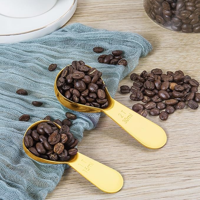 Safring Stainless steel coffee scoop 2-piece set (1 tbsp, 2 tbsp) durable Tablespoon, ergonomic measuring spoon, Suitable for small and large jars,short-handled spoon (Gold)