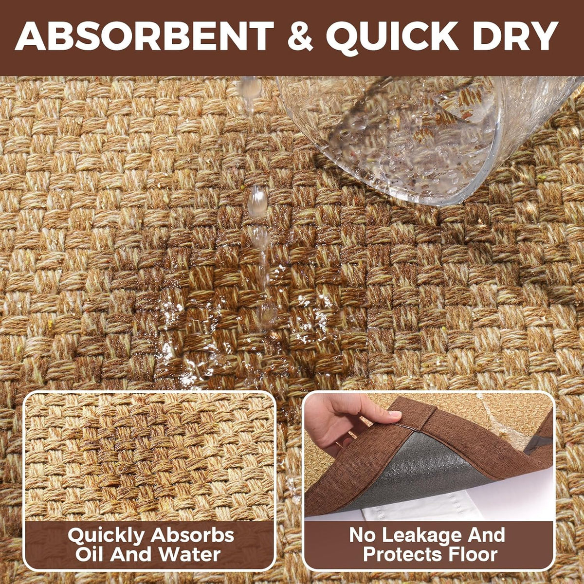 Anti Fatigue Kitchen Mats for Floor, Soft Cushioned Super Absorbent Kitchen Rugs Non Slip Washable, Jute-Like Woven Kitchen Sink Mat Standing Mat for Laundry Office, Easy Care, Brown 17"x30"