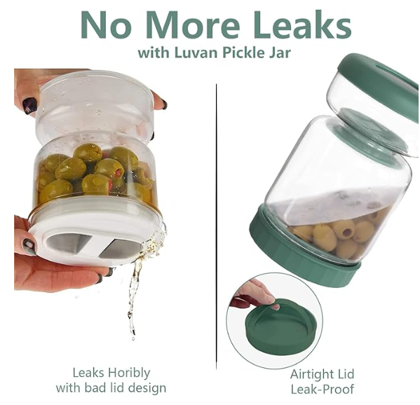Luvan Glass Pickle Jar, 34oz Pickle Container with Strainer, LeakProof Kraut and Olive Hourglass Jug, Olive Jar with Airtight Lid, Multifunction Jalapeno Container, Gherkin Flip Jar for Fridge