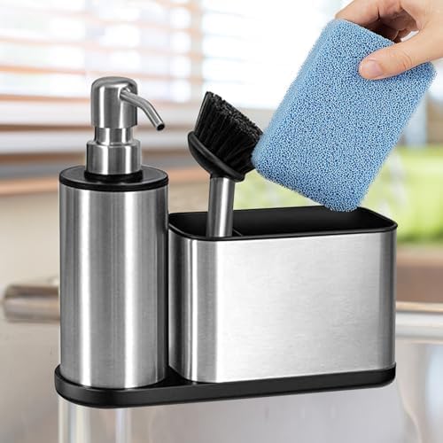 Kitchen Dish Soap Dispensers, Bathroom Soap Dispensers with Storage and Brush, Stainless Steel Sink Organizer with Caddy, Sponge Holder for Countertop Kitchen Bathroom
