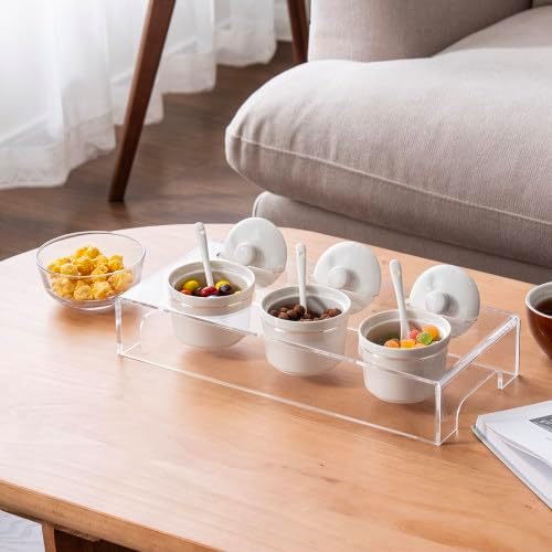 MyGift 10 Pcs Condiment Pot Serving Dishes Set, Clear Acrylic Server Tray and 3 Ceramic Ramekin Bowls with Lids and Spoons for Sauces, Dips, Hosting Essentials for Party