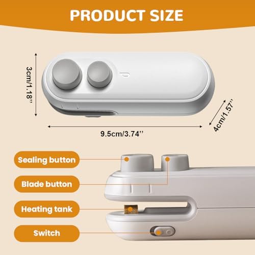2-in-1 Mini Bag Sealer & Cutter, Rechargeable Portable Snack Bag Heat Sealing Machine with Magnet, Handheld Resealer for Food Storage - 2 Pack (White)