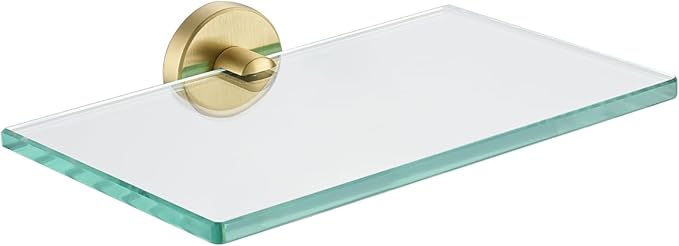 JQK Bathroom Glass Shelf Gold, Tempered Glass Shower Storage 8 by 5 inches, 304 Stainless Steel Brushed Gold Wall Mount, TGS101L8-BG