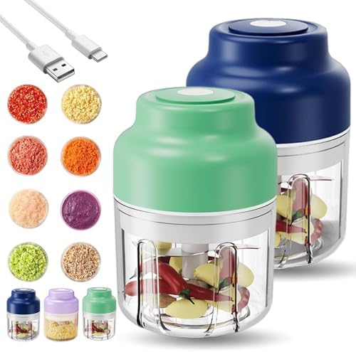 Electric Garlic Chopper, Mini Portable Veggie Cutter with 4/6 Stainless Steel Blades, Portable Wireless Rechargeable Mini Electric Garlic Food Chopper for Garlic, Onion, Chili, Nuts (2PCS-A,320ML)