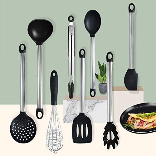 KSENDALO 9-Piece Silicone Cooking Utensils Set with Holder, Heat Resistant Kitchen Utensils Set of Slotted Spatula, Spoons, Whisk, Tong, Non Toxic Black Kitchen Tool Set for Nonstick Cookware, Black