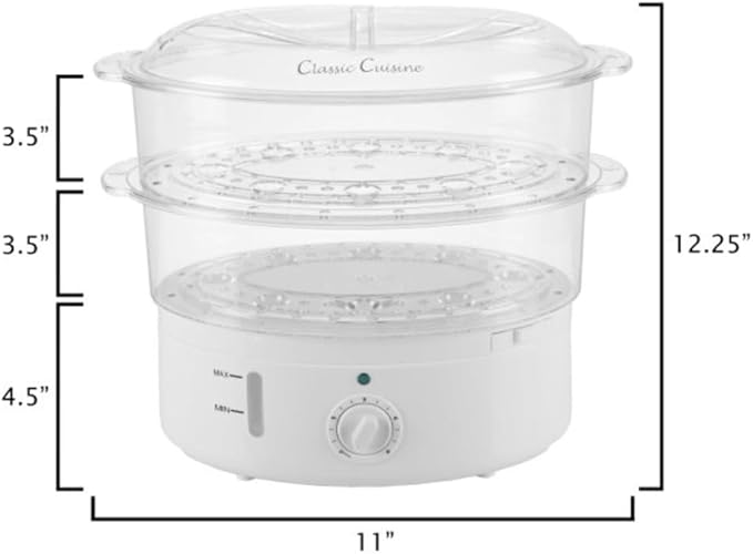 Classic Cuisine Food Steamer and Rice Cooker in one, Two-Tier Food Steamer for Healthy Meals anytime, cooks Vegetables, Fish, Dumplings, Eggs and more, 6.3 QT, Clear