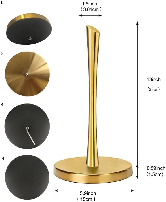 Paper Towel Holder countertop, Free-Standing Kitchen roll Holder for Kitchen Bathroom, Paper Towel Holder Stand Dispenser with Stainless Base Fits Standard (Gold)