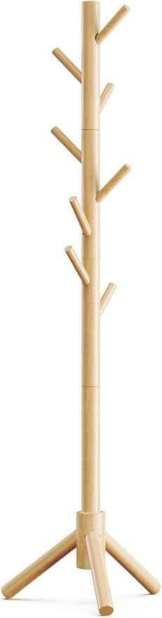 Pipishell Coat Rack Sturdy Wooden Coat Rack Stand, Adjustable Coat Tree, Free Standing Tree Hanger with 4 Sections & 8 Hooks, for Home/Bedroom/Office/Hallway/Entryway