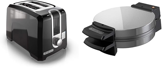 BLACK+DECKER 2-Slice Toaster, T2569B, Extra Wide Slots, 6 Shade Settings, 850 Watts, Crub Tray & Belgian Waffle Maker, Stainless Steel, WMB500,Silver