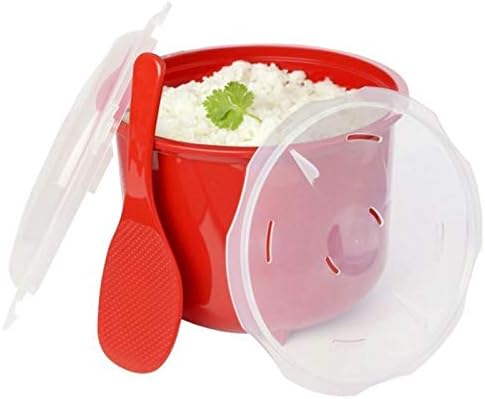 Microwave Rice Steamer Cooker BPA-Free – 2.6L (87.9oz) Red Rice Maker with Lid and Spoon – Dishwasher Safe Microwaveable Cooker for Basmati, Spanish, Indian Rice, Pasta, Ramen, and Vegetables