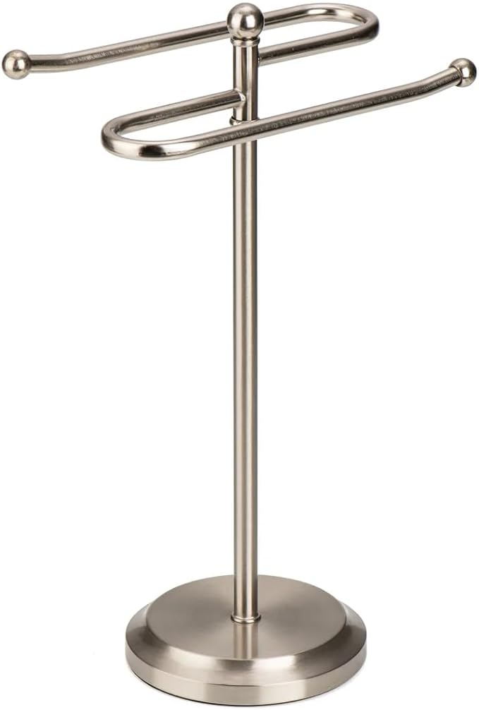 J&V TEXTILES Classical Steel Towel Rack Holder Stand with 2 Hanging Rings for Bathroom Vanity Countertops - Space Saving Hand Towel Holder (Brushed Satin Nickel)