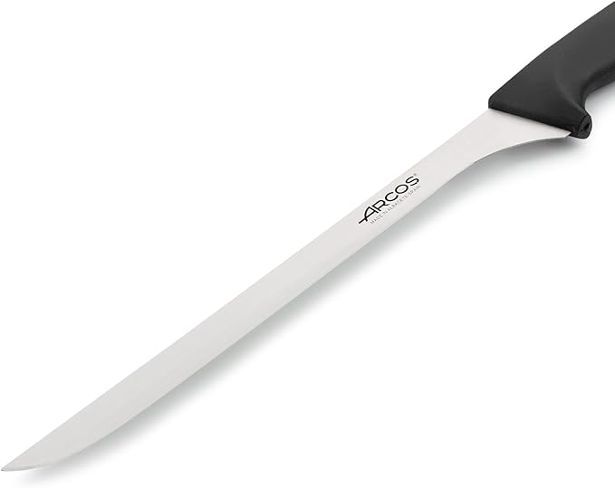 Arcos Slicing Knife/Ham Knife 9 Inch Nitrum Stainless Steel. Ergonomic Polyoxymethylene POM Black Handle. Useful utensil especially for slicing ham. Series Niza