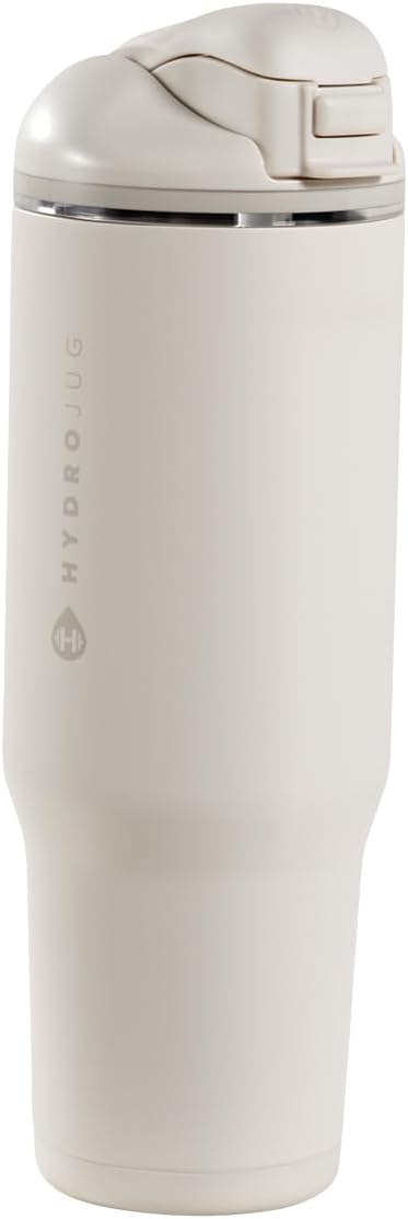HydroJug Ease2o Water Bottle with Straw & Chug Lid, Stainless Steel, Vented Cap to Help Reduce Pressure, Water-Level Window, Cup Holder Friendly, Non-Slip Base – 32oz, Linen