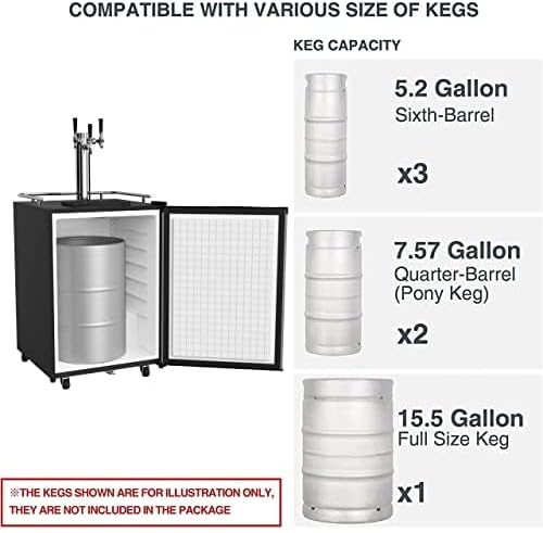 HCK Kegerator, 24 inch Outdoor Undercounter Refrigerator, 2 in 1 Full Size Beer Kegerator with 3 Taps Draft Beer Dispenser, Freestanding, Stainless Steel Door, Ideal for Patio and Outdoor Kitchen