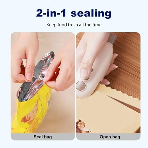 2-in-1 Mini Bag Sealer & Cutter, Rechargeable Handheld Snack Bag Heat Sealing Machine with Magnet, Portable Resealer for Food Storage, 2-Pack (White)
